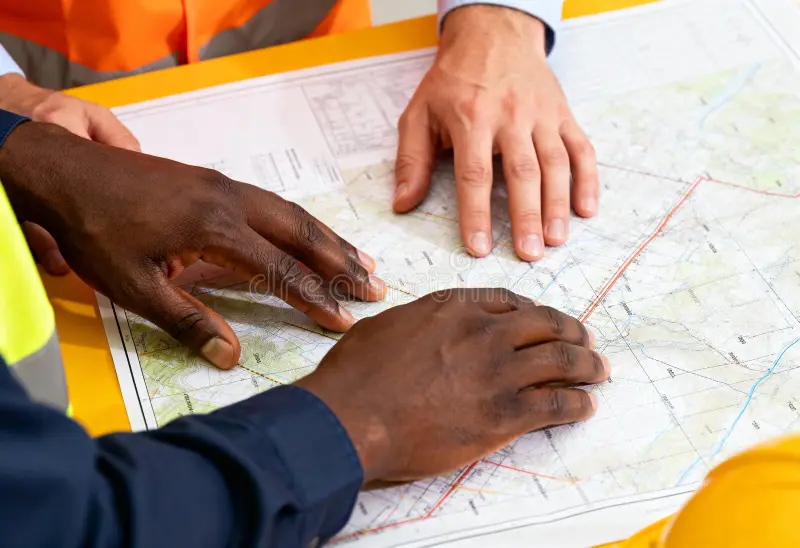 Home close up high angle view hands diverse team engineers construction workers collaborating over topographical map 415645130