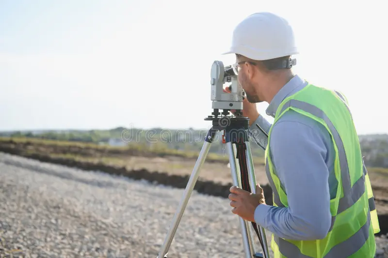 surveyor checking construction site total station surveyor engineer construction site using total station tripod 440875600